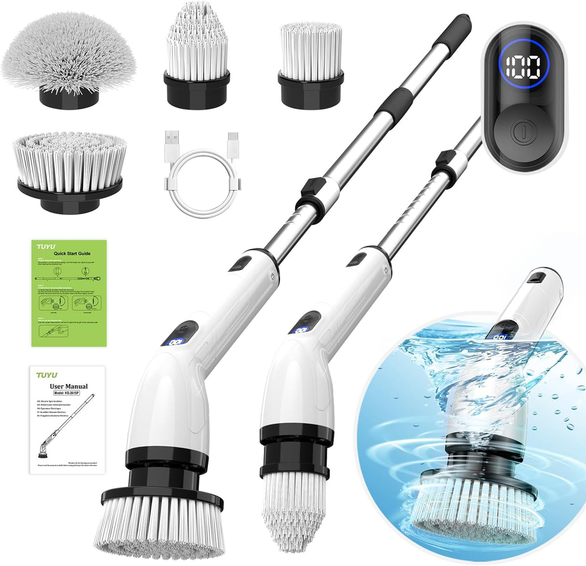 TUYU Electric Spin Scrubber, Cordless Cleaning Brush with Extendable Handle - Black